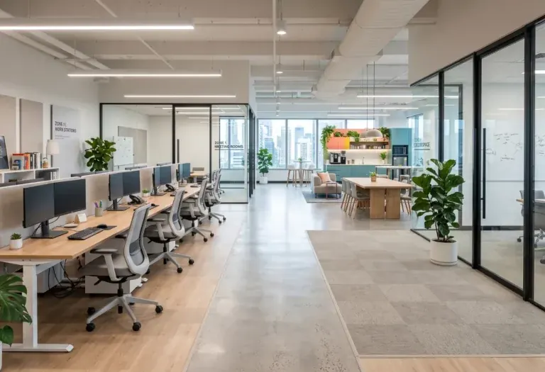 Open-plan office with workstations, planters and glass rooms