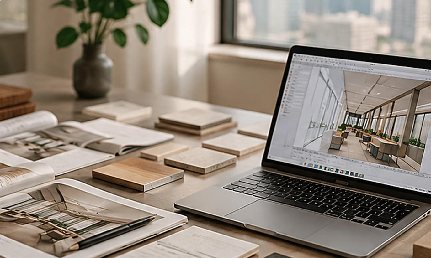 Designer's desk with material samples, magazines and a laptop showing an office render