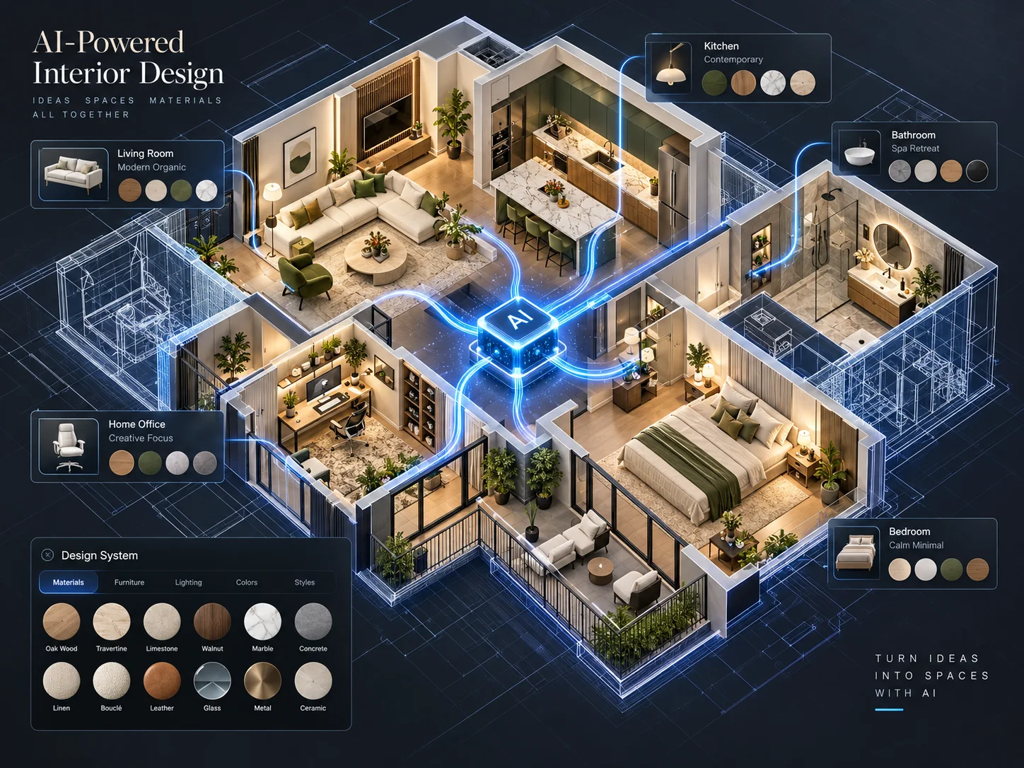 AI-powered interior design shown on a 3D floor plan with material and furniture options per room