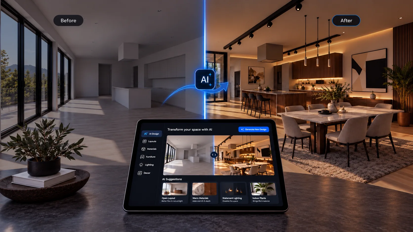 Before and after of an empty open-plan space restyled by AI into a warm, furnished kitchen and dining area, with the design shown on a tablet