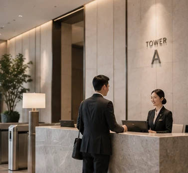 Meeting building management at the lobby counter