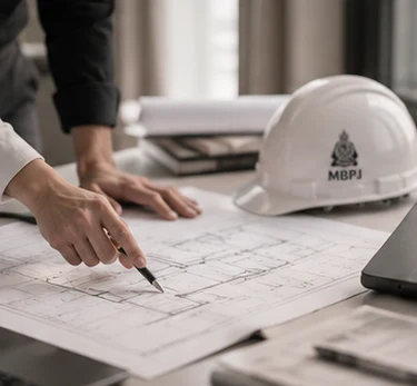 Professional reviewing drawings beside a safety helmet