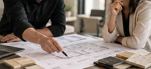 Designer marking up a floor plan beside material samples