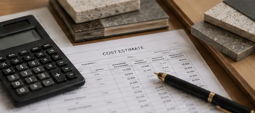 A calculator, pen and cost estimate sheet beside stone and laminate samples