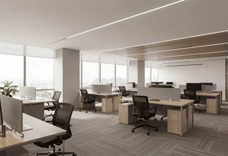 Rows of workstations on an office floor