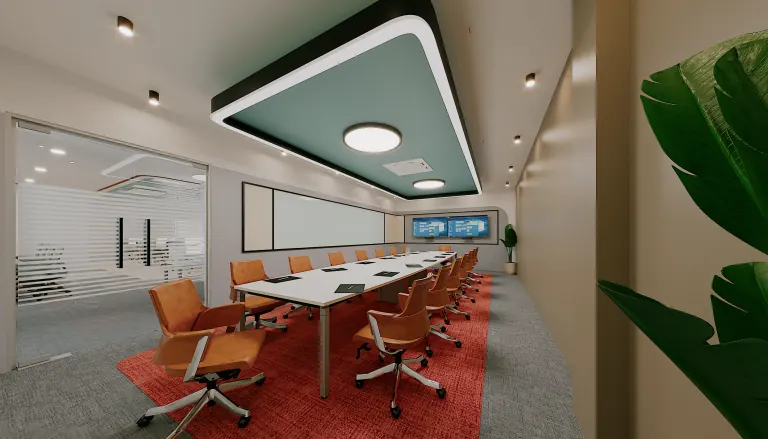 Meeting room with orange chairs and a feature ceiling