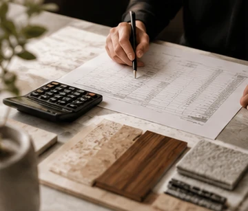A designer marking up a cost sheet beside a calculator and material samples