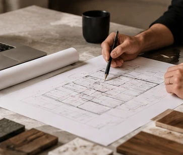 A designer reviewing a floor plan with material samples on the table