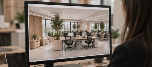 A 3D office render on a monitor