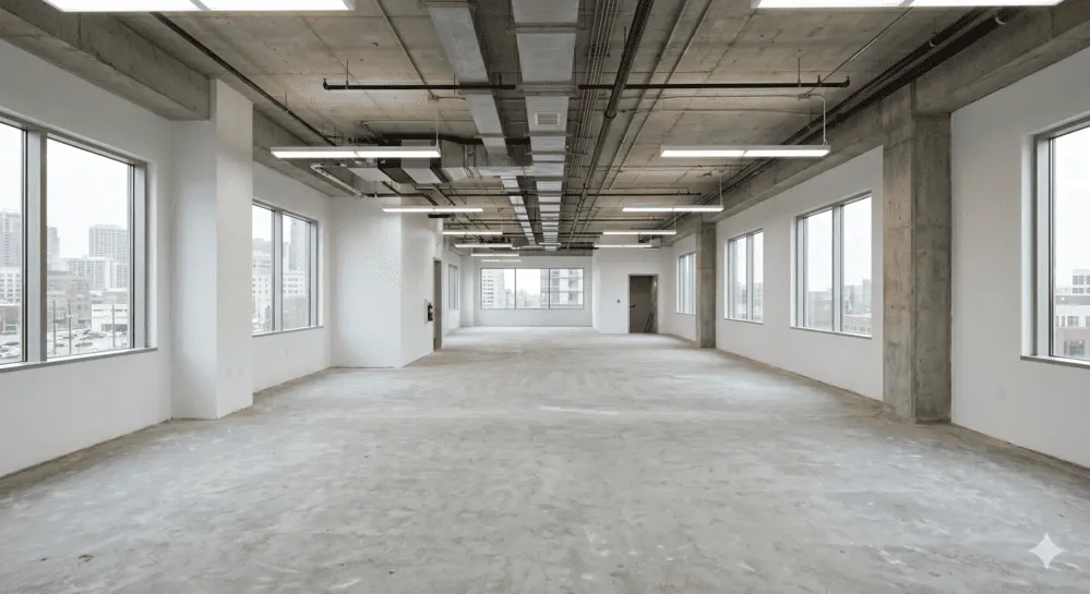 A Category A office space showing base building infrastructure ready for fit out, by CTN Interior Malaysia