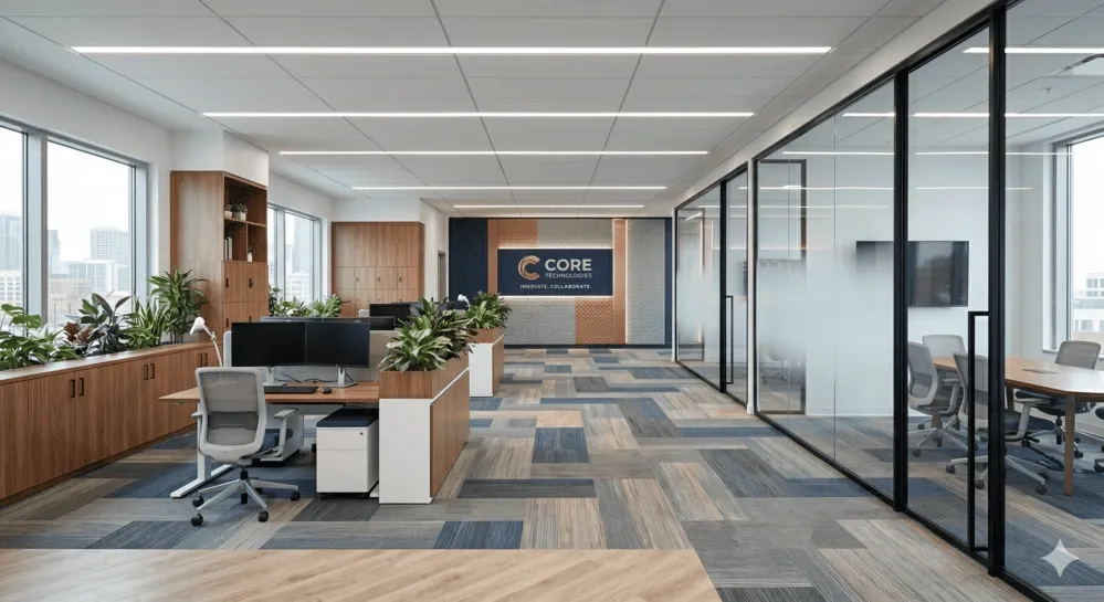 A completed Category B office fit out showcasing finished interiors and branded design by CTN Interior Malaysia