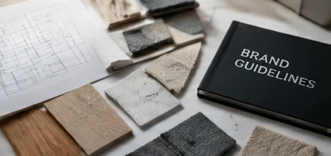 A brand guidelines book with floor plans and material samples
