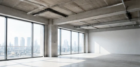 An empty office floor at bare shell with city views