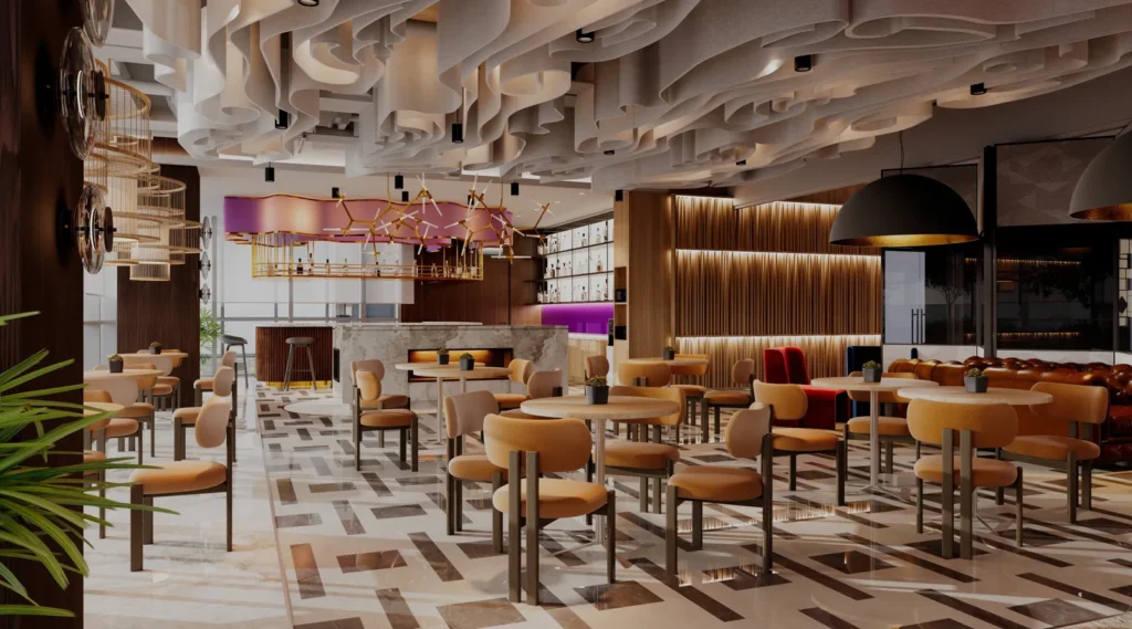 3D visual of a guest lounge with leather sofas, timber panelling and a patterned rug