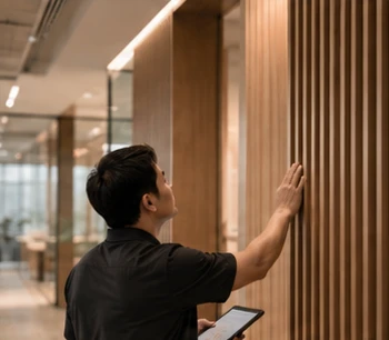 A supervisor checking timber wall finishes on site, tablet in hand