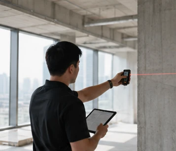 A site team member measuring a column with a laser measure in an empty office floor