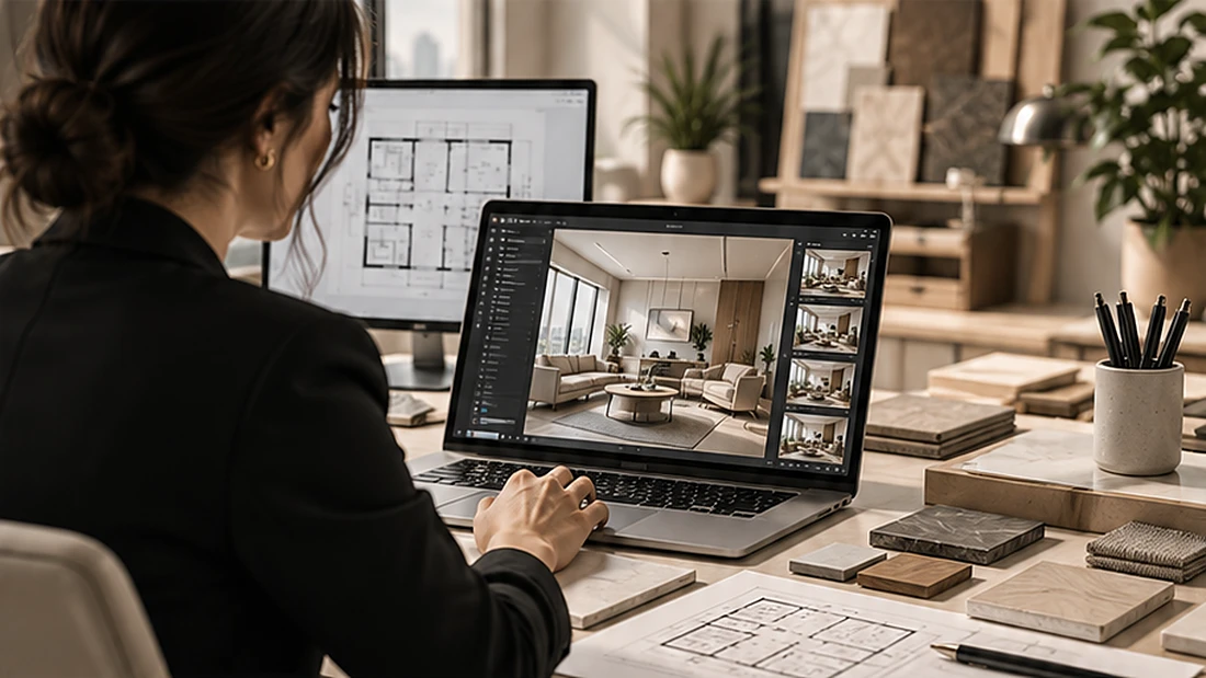 Designer reviewing an AI-assisted interior render on a laptop beside floor plans