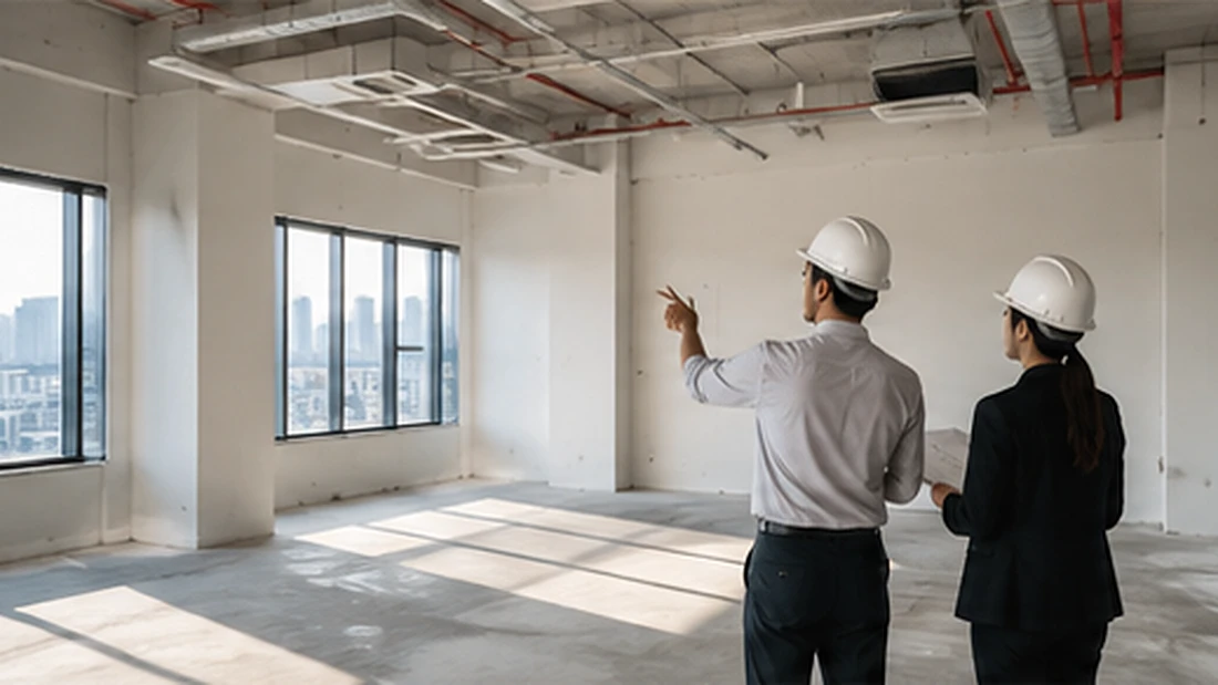 Project team in hard hats reviewing a bare office floor before fit-out