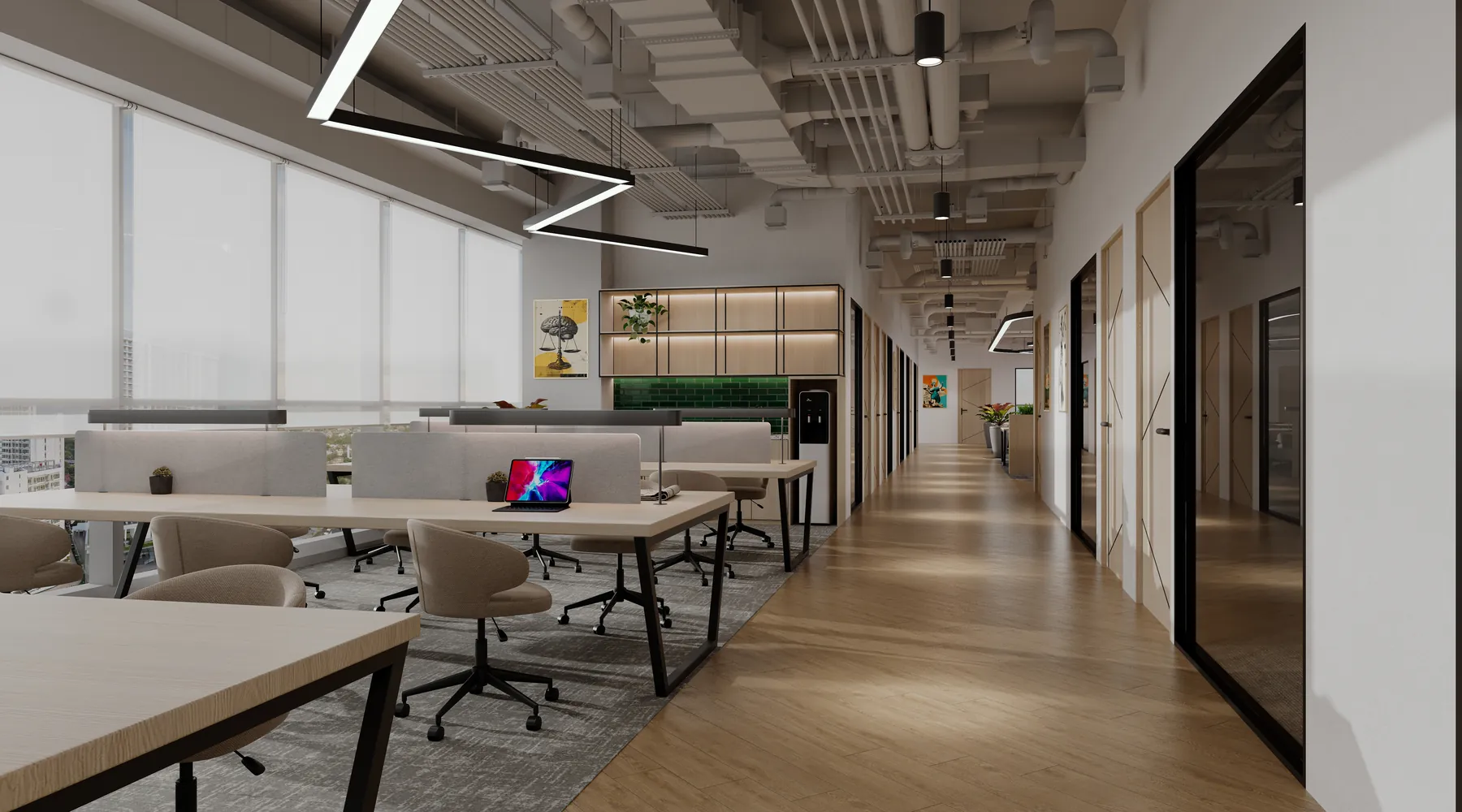 Completed open-plan office with timber flooring and glass meeting rooms