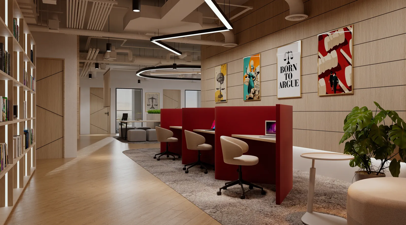 3D visual of focus booths with high-back panels beside a timber feature wall