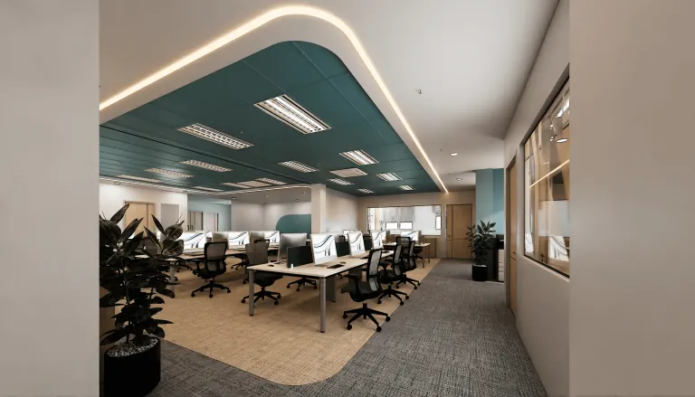 Open-plan office with a curved feature ceiling and workstations