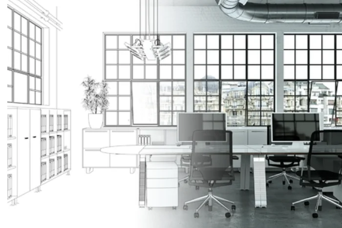 An office sketch turning into a finished workspace