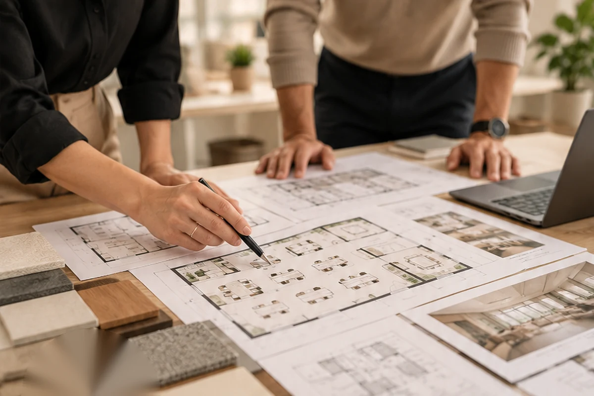Two designers reviewing office floor plans with material samples on the table