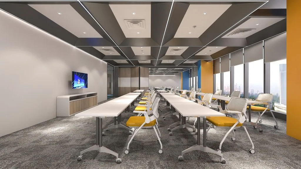 Training room with stackable seating and flexible tables