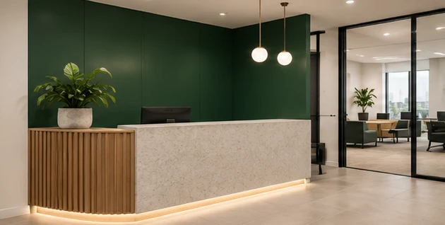 A reception with a deep green brand-colour wall, timber-slat counter and pendant lights