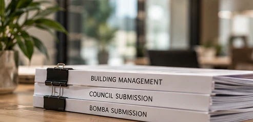 Building management, council and Bomba submission folders