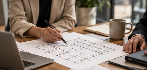 A designer sketching an office floor layout at a desk