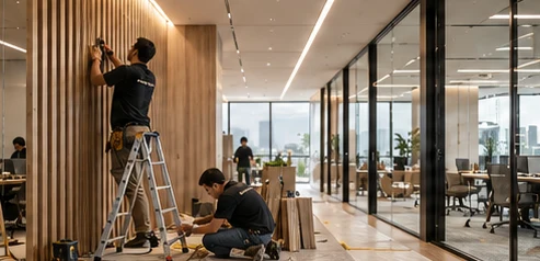 Fit-out crew installing timber panels and partitions