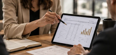 A cost plan with charts reviewed on a tablet