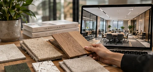 Office render on a laptop beside finish samples