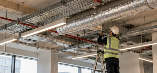 A technician working on ceiling ducts and cable trays