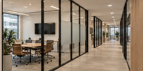 Glass-walled meeting rooms along an office corridor