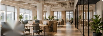 Rendered open-plan office with glass meeting rooms and plants