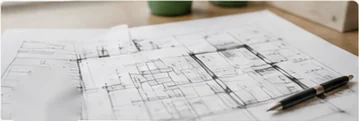 Hand-sketched office floor plan with a pen on the desk