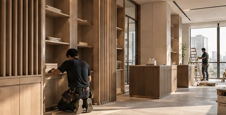 Carpenter fitting timber joinery on an office floor