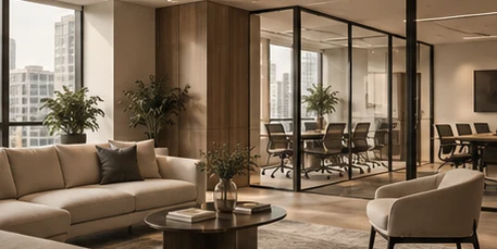 A finished office lounge with a glass-walled meeting room behind