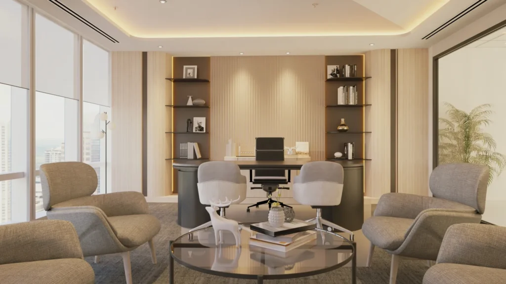 3D visual of a director's office with timber panelling, built-in shelving and a lounge corner