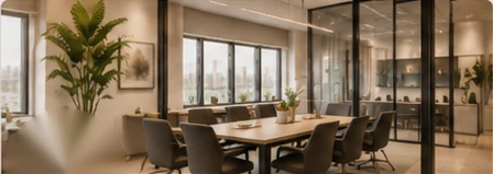 Finished office meeting room with a long table and glass partitions