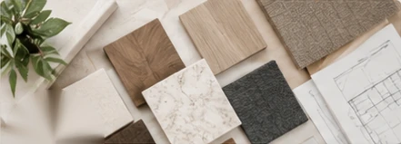 Wood, stone and fabric finish samples laid out with a floor plan