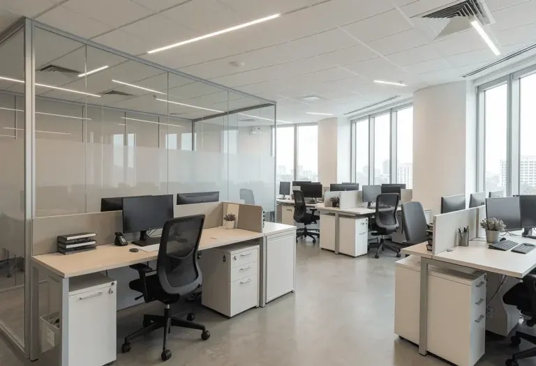 Workstation floor with rows of desks by the windows