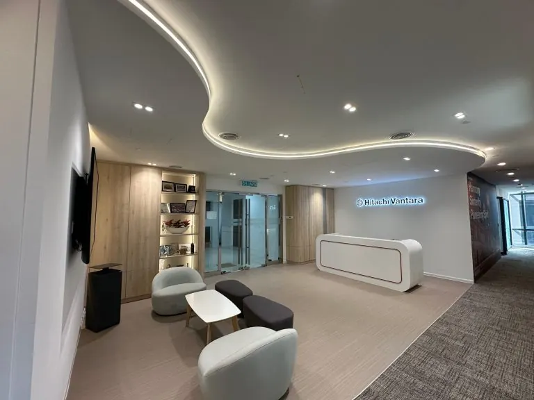 Corporate office reception with a curved feature ceiling