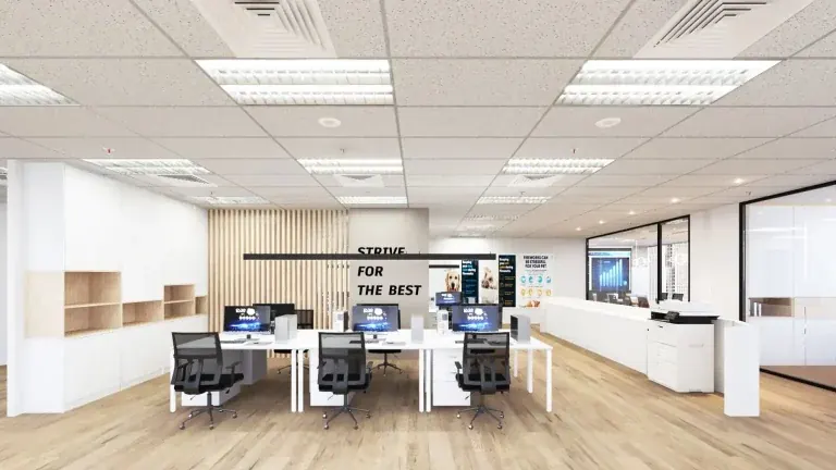 Bright open office with workstations and storage